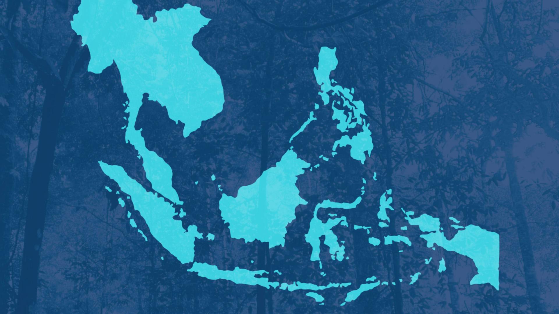 A graphic showing a map of Southeast Asia with a faded image of a tropical forest in the background